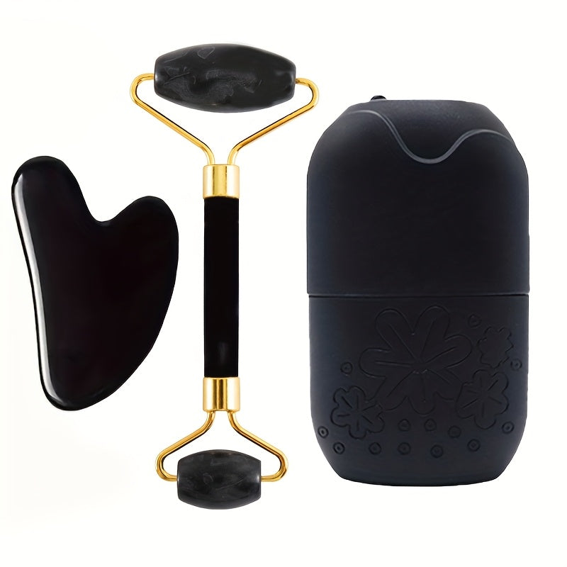 Conjunto de 3 peças para massagem facial | Inclui massageador de rolo, espátula de gelo, placa raspadora para o corpo e costas | Nova grade de gelo facial de silicone para uso com rolo, sem necessidade de eletricidade