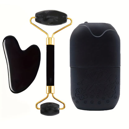 Conjunto de 3 peças para massagem facial | Inclui massageador de rolo, espátula de gelo, placa raspadora para o corpo e costas | Nova grade de gelo facial de silicone para uso com rolo, sem necessidade de eletricidade