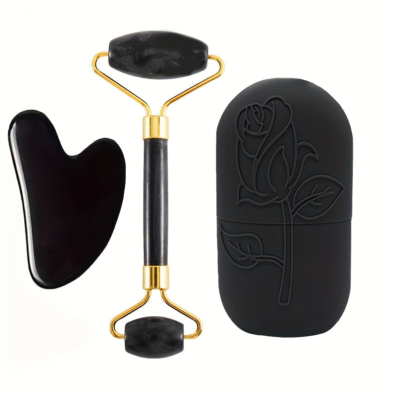 Conjunto de 3 peças para massagem facial | Inclui massageador de rolo, espátula de gelo, placa raspadora para o corpo e costas | Nova grade de gelo facial de silicone para uso com rolo, sem necessidade de eletricidade