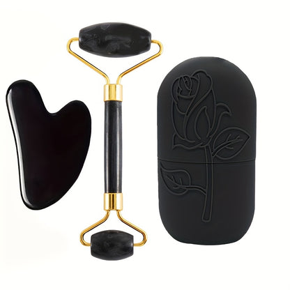 Conjunto de 3 peças para massagem facial | Inclui massageador de rolo, espátula de gelo, placa raspadora para o corpo e costas | Nova grade de gelo facial de silicone para uso com rolo, sem necessidade de eletricidade