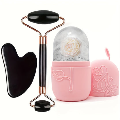 Conjunto de 3 peças para massagem facial | Inclui massageador de rolo, espátula de gelo, placa raspadora para o corpo e costas | Nova grade de gelo facial de silicone para uso com rolo, sem necessidade de eletricidade