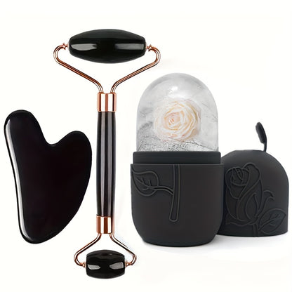 Conjunto de 3 peças para massagem facial | Inclui massageador de rolo, espátula de gelo, placa raspadora para o corpo e costas | Nova grade de gelo facial de silicone para uso com rolo, sem necessidade de eletricidade