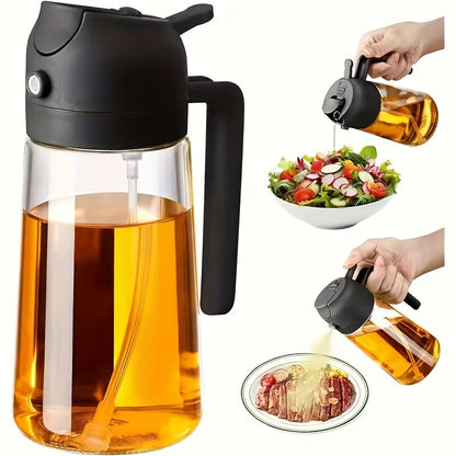 Um pulverizador de óleo versátil, feito de plástico, adequado para uso doméstico, projetado para aplicações com contato com alimentos, que funciona tanto como spray quanto como aplicador líquido, com grande capacidade.